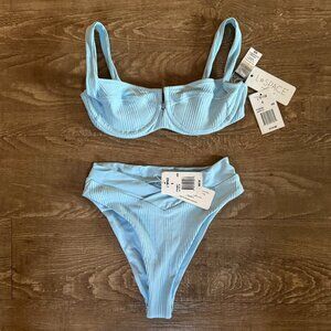NWT L*SPACE Bikini Set Camellia Blue Ribbed Underwire Bikini Top & Court Ribbed